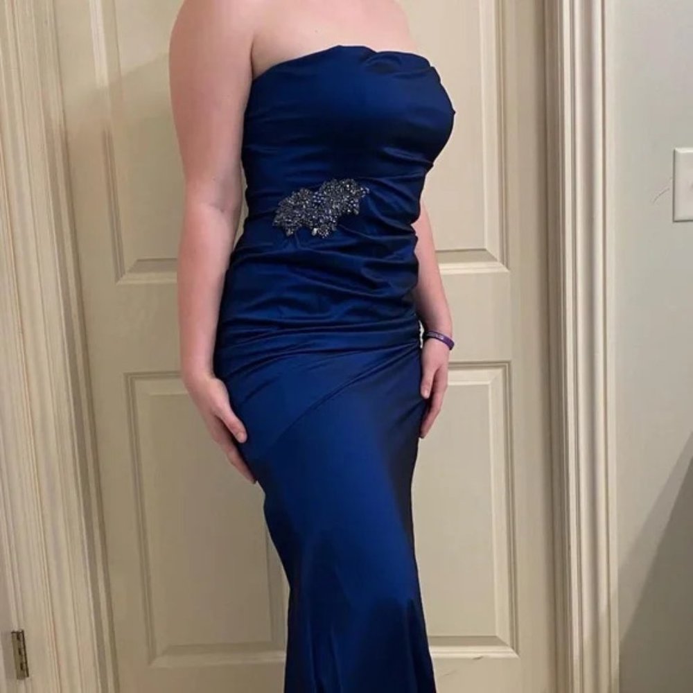 Strapless Navy Evening Gown with Embellished Waist